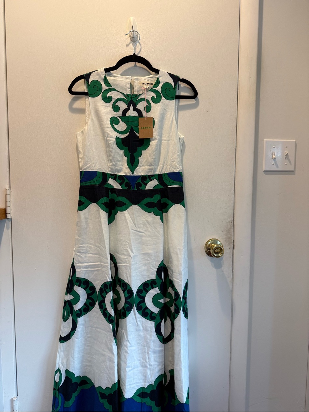 Boden White Midi Dress with Green & Blue Scroll Print